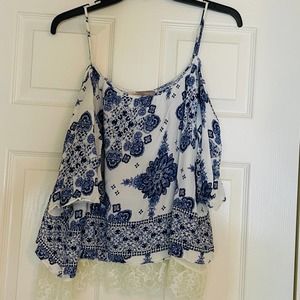 Forever21 Women's Blue White Floral Lace Hem Off The Shoulder Blouse Lar…